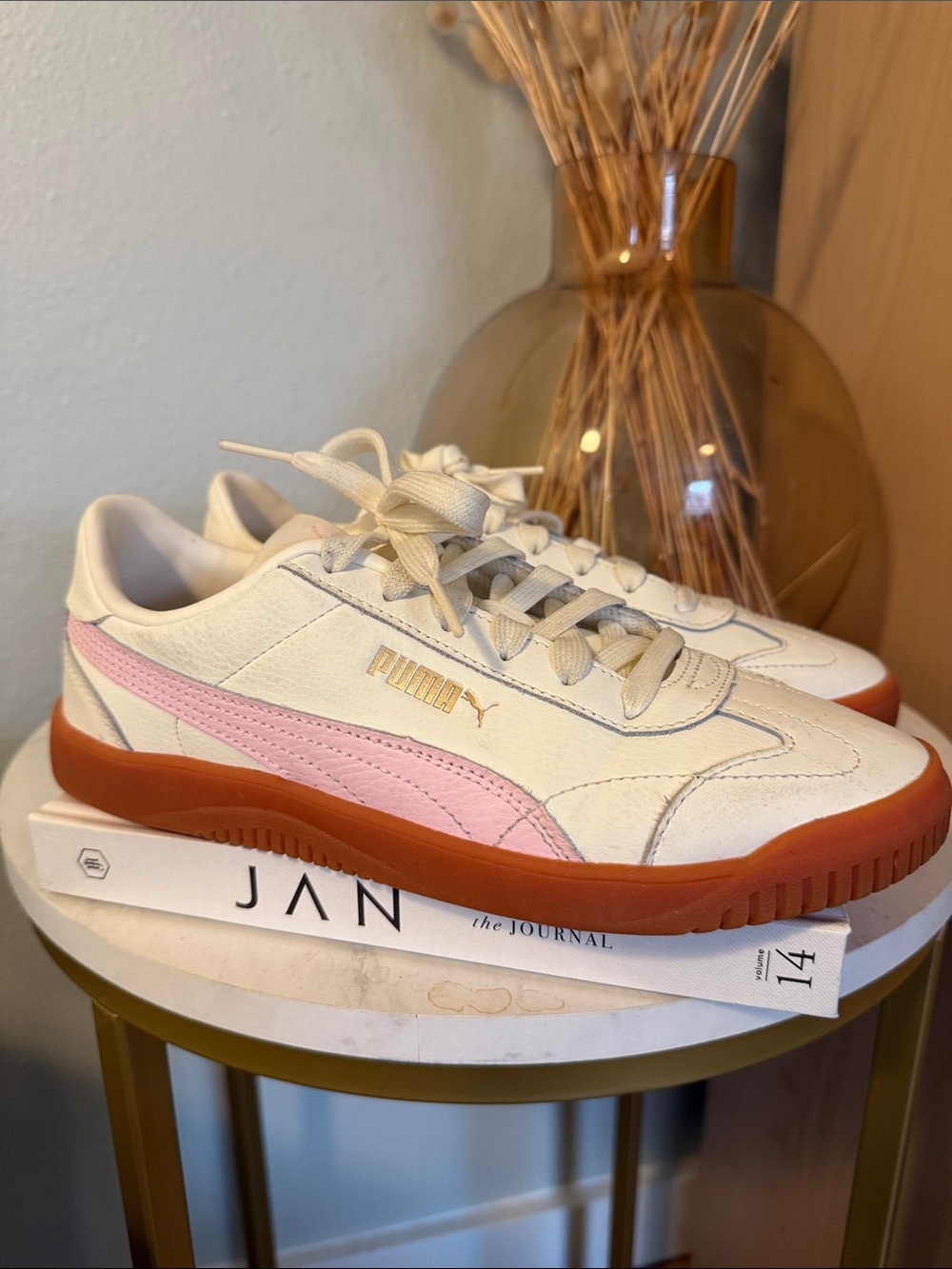 Puma Cream and Pink Sneakers with Gum Sole Size 8